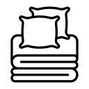 Simple black and white line drawing of a bed with two pillows and a blanket.