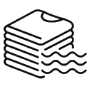 Black icon of five stacked towels with wavy lines in front, representing wet or damp towels.