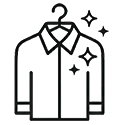 Black line icon of a neatly pressed shirt on a hanger with sparkle symbols, indicating cleanliness or dry cleaning.