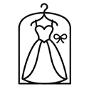 Outline of a dress on a hanger inside a garment bag with a bow on the right side.