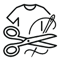 Black outline icon showing a t-shirt, scissors, needle, and thread representing sewing or clothing alterations.