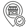 Icon showing a store inside a map pin with a checkmark badge, representing location verification or certified business location.