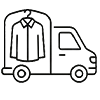 Black and white icon of a delivery van with a hanging shirt inside, representing a laundry or dry cleaning delivery service.