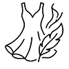 Black line drawing of a dress with flames and a leaf beside it, on a grayscale pixelated background.