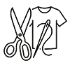 Black outline illustration of a pair of scissors, a spool of thread with needle, and a piece of cloth, representing sewing or tailoring tools.