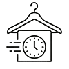 Black icon of a clothes hanger with a shirt displaying a clock and speed lines, symbolizing fast laundry or dry cleaning service.