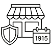 Black icon showing a storefront, a shield, and a calendar labeled 1915, symbolizing business, security, and an establishment year.