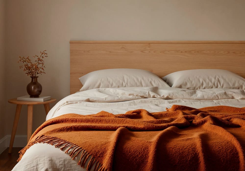 A neatly made bed with white bedding, two pillows, and an orange blanket. A small round table with a brown vase and book is beside the bed against a plain beige wall.