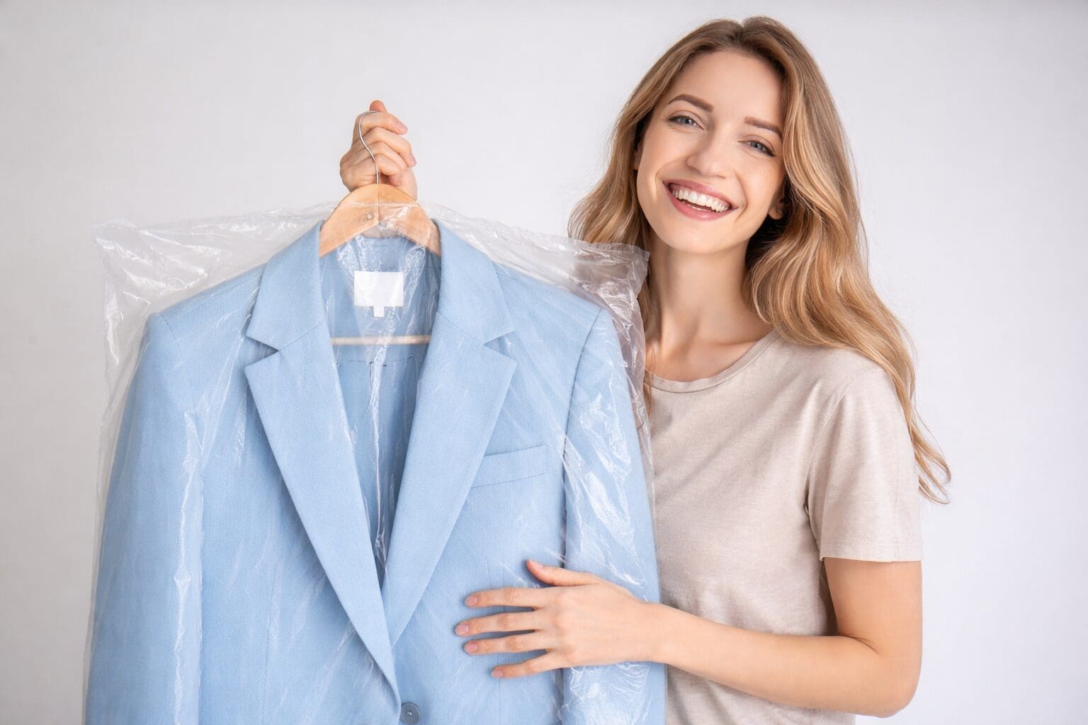 A woman smiling and holding a light blue suit on a hanger covered with a plastic garment bag.