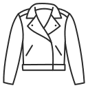 Line drawing of a classic biker-style jacket with a wide collar, angled zipper, and two front pockets.