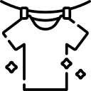 Line drawing of a clean T-shirt hanging on a clothesline with clothespins, surrounded by sparkle icons indicating freshness.