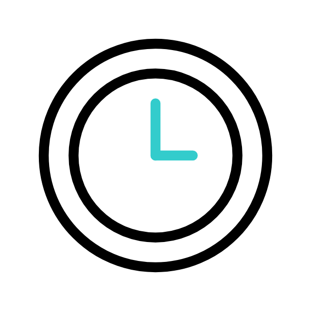 Simple black outline of a clock showing the time as 3:00, with the hour and minute hands in blue.